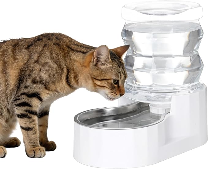 RIZZARI 4L Gravity Cat Water Dispenser: Filter-Free Compact Home Use | No Power Needed/Stainless Steel Bowl/Spill-Resistant Base/Perfect For Cats & Small Dogs/Easy Water Refill