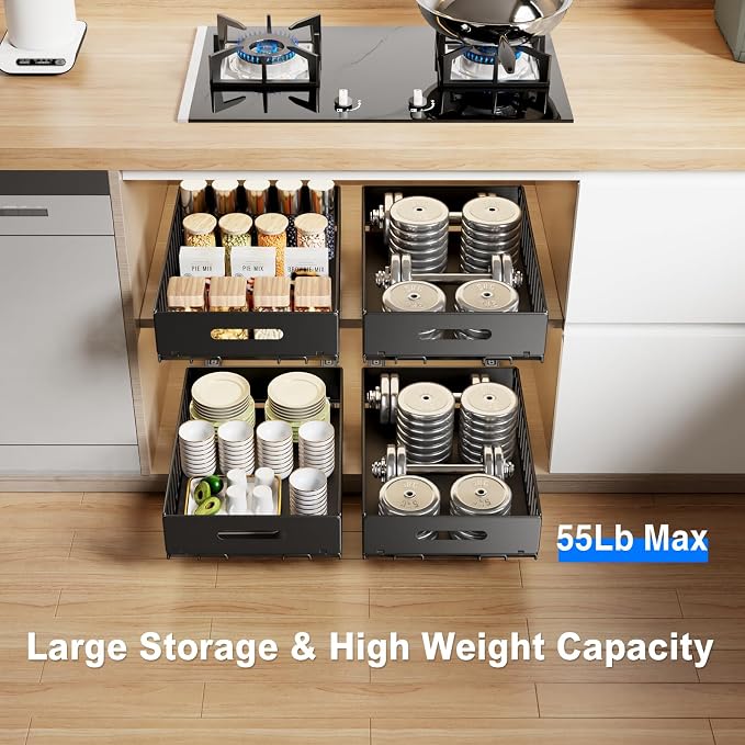 Mustorn 2 Pack Pull Out Cabinet Organizer, Slide Out Drawers for Cabinets, Peel and Stick, Heavy Duty Shelves for Kitchen, Cupboard, Pantry, Bathroom (16.5"D*11.8"W*3.94"H-Black)