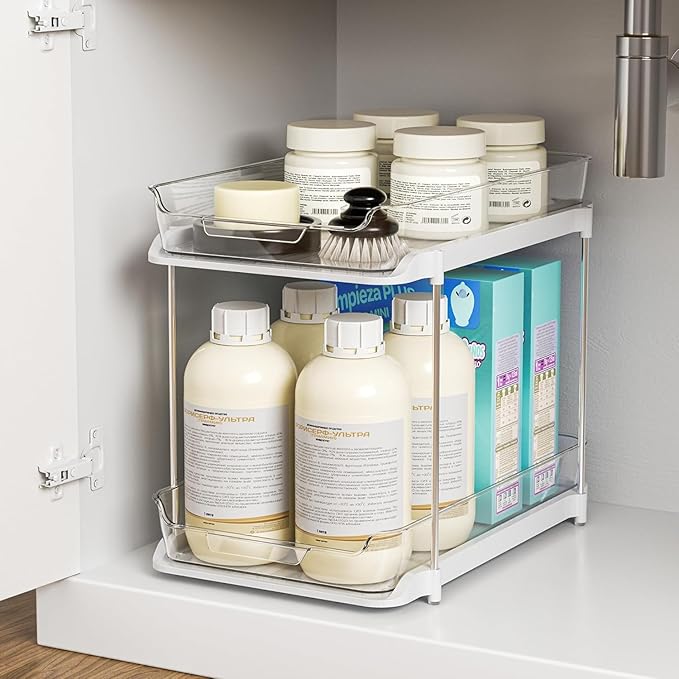 Delamu 2-Tier Multi-Purpose Bathroom Under Sink Organizers and Storage, Stackable Kitchen Pantry Organization, Pull Out Medicine Cabinet Organizer with Movable Dividers, White, 1 Pack