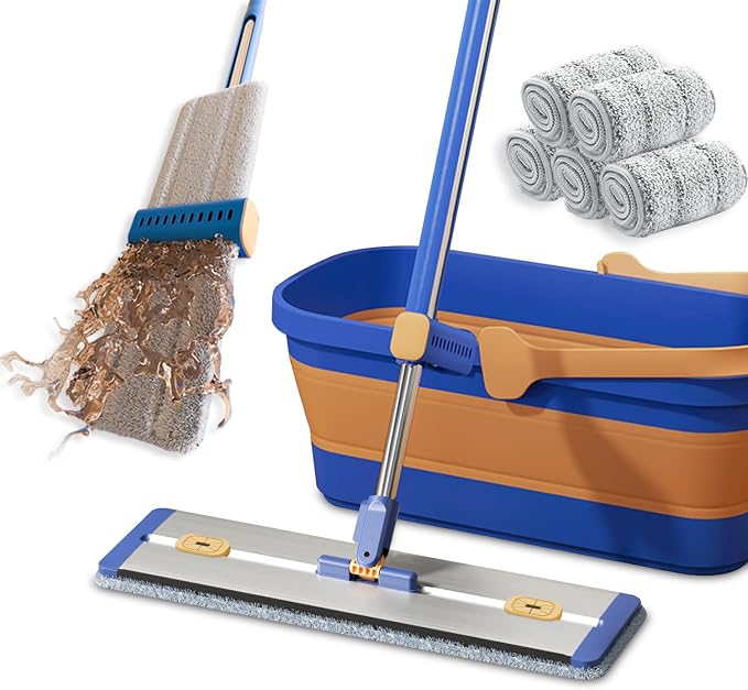 16.5" Self Wringing Flat Mop with Collapsible Bucket, Wet Dry Floor Cleaner System with 55" Long Handle, Foldable Bucket & 5 Microfiber Pads for Hardwood, Tile and Wall