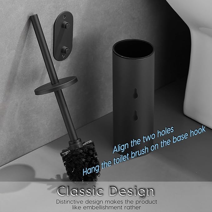 Toilet Bowl Brush and Holder, Black | 304 Stainless Steel, No-Punch Hook Base, Removable Inner Bucket, Splash Cover, Soft Bristles