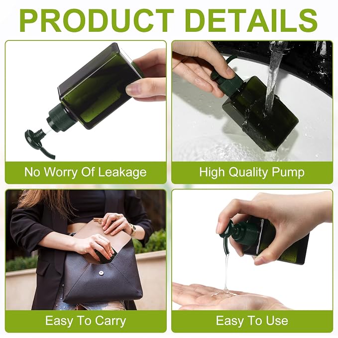 Domensi 24 Pcs 100ml /3.4 oz Pump Bottle Mini Travel Bottles Small Dispenser Containers Plastic Pump Lotion Dispenser Empty Square Travel Size Containers Toiletries (Dark Green)
