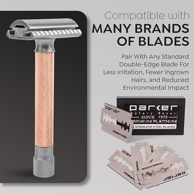 Parker Variant Double Edge Adjustable Closed Comb Safety Razor, Rose Gold | Five Dial Settings Customize Blade Exposure From Mild To Aggressive. Includes 5 Premium Razor Blades.