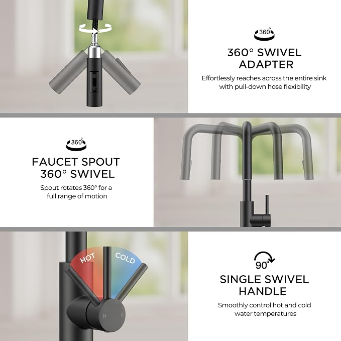 FORIOUS Kitchen Faucet with Pull Down Sprayer, Matte Black Single Handle U-Spout Stainless Steel Kitchen Sink Faucet, 1 or 3 Hole Deck Mount for RV, Bar, Farmhouse, Laundry, Outdoor