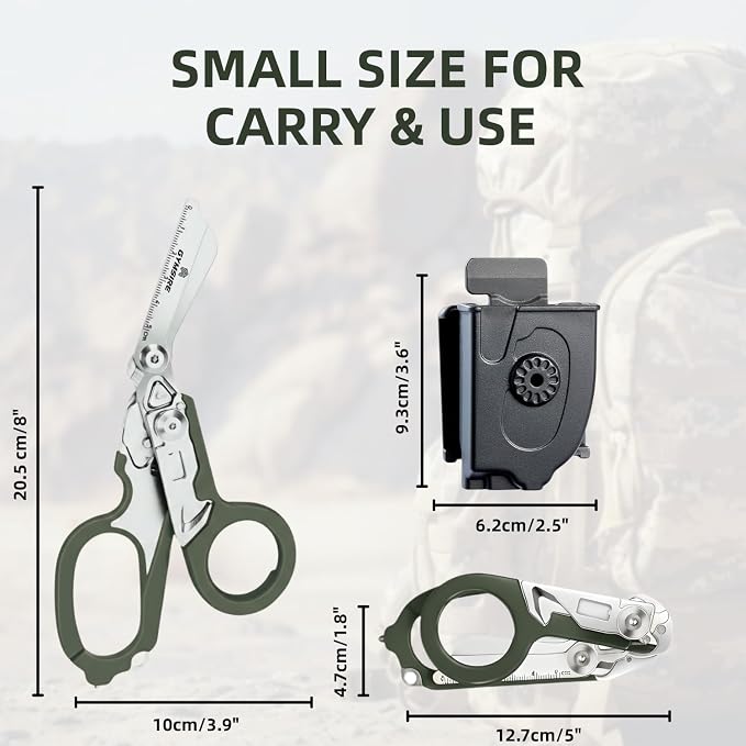 Heavy Duty 6 in 1 Multifunctional Trauma Shears Foldable | Stainless Steel emergency response scissors | Survival Shears with Holster | Medical Trauma shears Tactical With Strap Cutter | Green