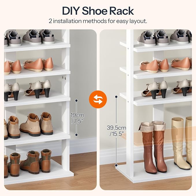 HOOBRO 10 Tiers Vertical Shoe Rack, Wooden Shoe Storage Organizer with Hooks, Narrow Shoe Tower for 20 Pairs, Space Saving, for Entryway, Living Room, Bedroom, White WT140XJ01