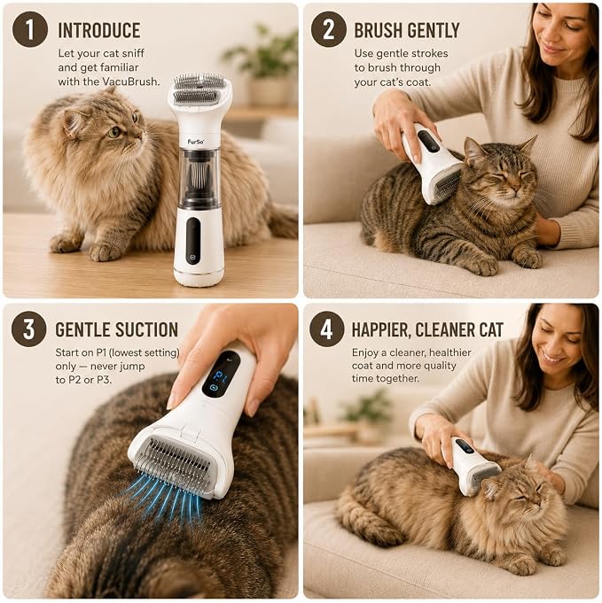 FurSo Cat Grooming Vacuum Kit, 5-in-1 Cordless Pet Grooming Vacuum for Cats & Dogs, 6000PA Pet Hair Vacuum, Low-Noise Deshedding Brush, 3-Speed LCD, Hair Remover, Type-C Charge