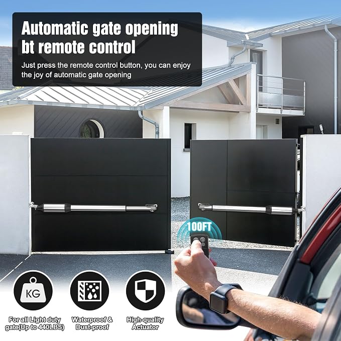 JUJIANG C01 Automatic Gate Opener with Remote Complete Kit for Swing Gate Up to 440lb 12FT per Arm, Electric Gate Openers Light Duty Dual Swing Gate Openers Automatic Gate Motor 40W AC Powered