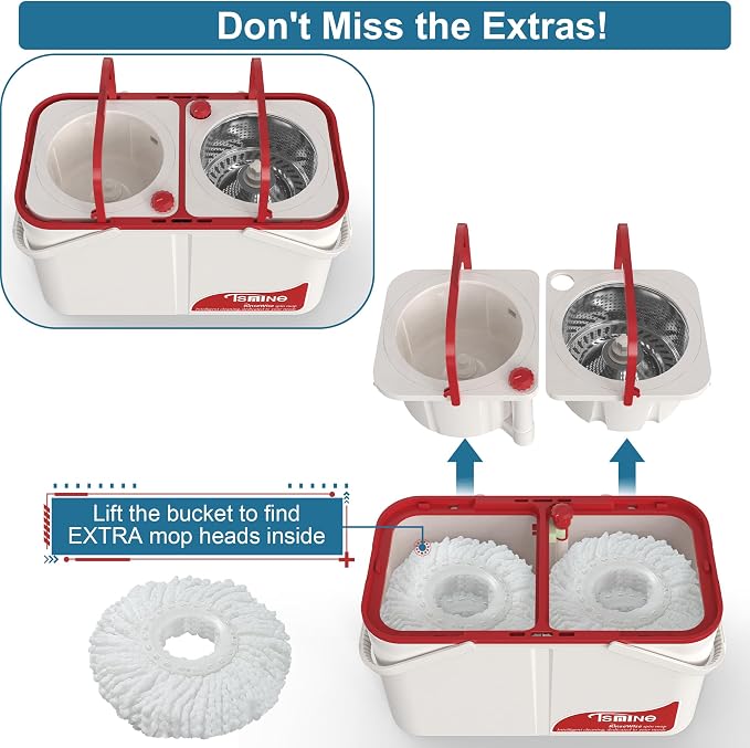 RinseWise Large Gen 1 Mop Bucket Set, Clean/Dirty Water Separation | 2 Gal Clean-Water Capacity, 4 Swivel Wheels, 61-Inch Handle, 6 Reusable Heads, For Pet Homes,Hardwood,Laminate & Tile Floors