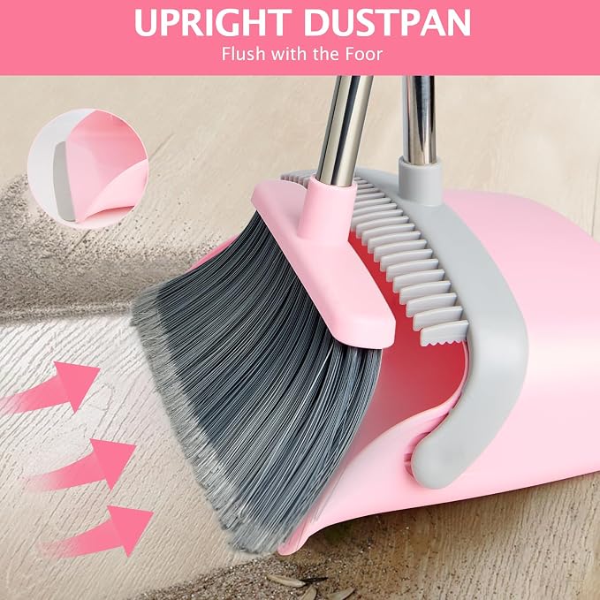 2-Pack Broom and Dustpan Set with Long Handle, Heavy Dust Broom and Dustpan Combo for Home，Kitchen, Office, Pet Hair(Grey Pink)