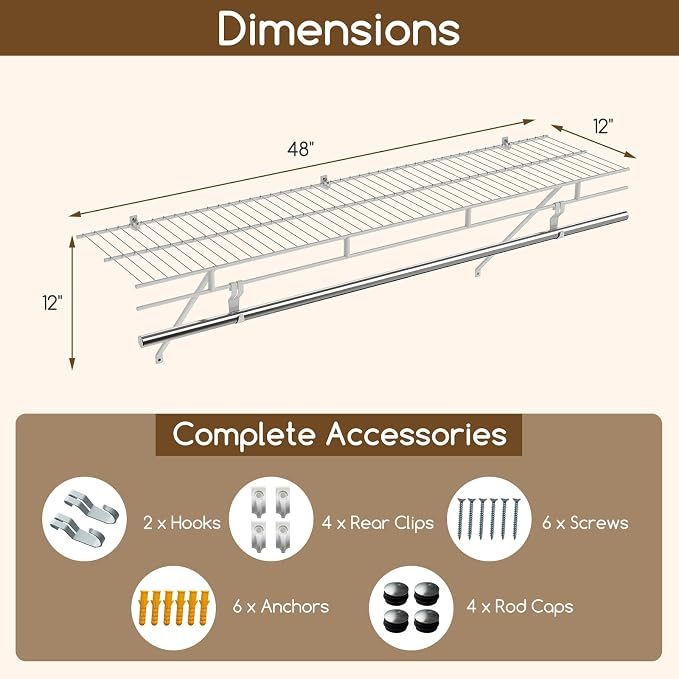 COSTWAY Closet Shelves Wall Mounted, Ventilated Shelf with Hanging Rod | Metal Wire Shelving Kit, Wire Wall Shelf for Laundry Room, Bedroom, Home, Mounting Accessories Included (2, 4 ft x 12 in)