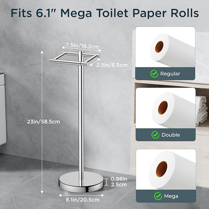 FORIOUS Toilet Paper Holder Wall Mount, Stainless Steel Rustproof Double Post Pivoting Tissue Roll Holder for Bathroom, Commercial Toilet Paper Dispenser Freestanding Toilet Paper Stand, Chrome