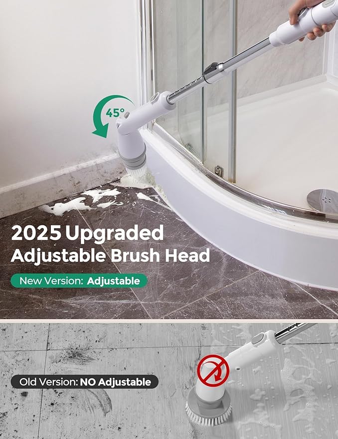 kHelfer Electric Spin Scrubber, 2025 New Shower Scrubber 8 Replacement Head, 1.5H Cordless Bathroom Scrubber Dual Speed, Shower Cleaning Brush with Extension Arm for Bathtub Tile Floor