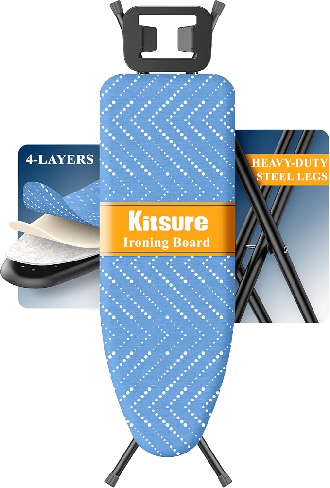 Kitsure Folding Ironing Board - Height Adjustable Iron Board in Full Size, Wobble-Free & Heavy-Duty Ironing Board with Cover and Pad for Heat Resistance, Light Blue, 43" L x 13" W x 35.8" H