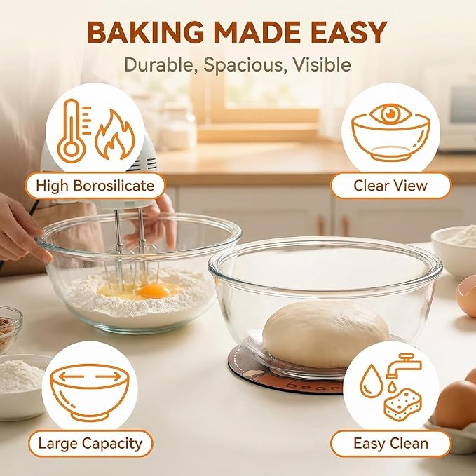Large Borosilicate Glass Mixing Bowls, Set of 2 (6.4QT, 3.7QT) - Heavy-Duty, Stackable & Lead-Free. Oven, Microwave, Dishwasher & Freezer Safe. Ideal for Sourdough, Baking, Prepping, Serving.