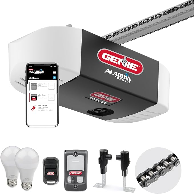 Genie Chain Glide Connect Essentials Smart Garage Door Opener, 2033-LO | Aladdin Connect Wi-Fi, Chain Drive, LED Bulbs Included, 1 Remote, Works with Alexa, Google Assistant and SmartThings