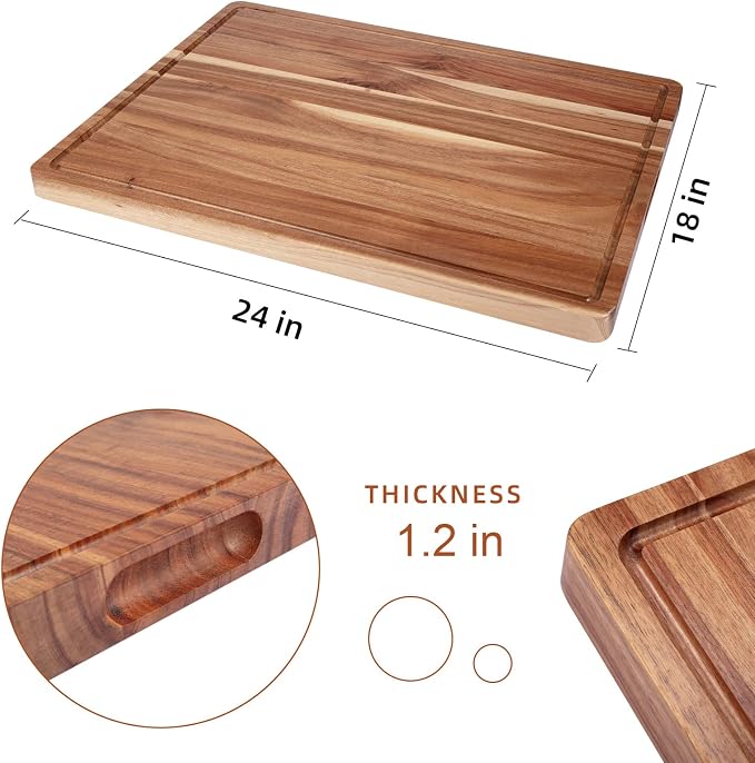 GlowSol Extra Large Acacia Wood Cutting Boards for Kitchen, 24 x 18 Inch | 1.2" Thick Wooden Butcher Block Cutting Board, Juice Groove, Reversible, for Meat Veggies