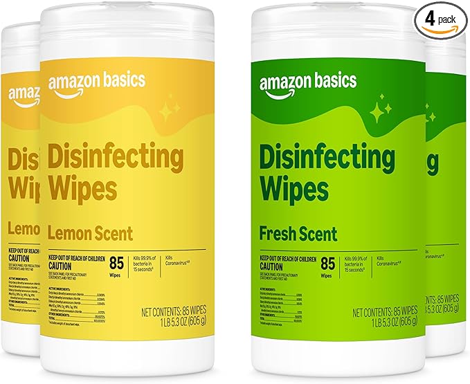 Amazon Basics Disinfecting Wipes, Lemon & Fresh Scent, Sanitizes, Cleans, Disinfects, Deodorizes, 340 Count (4 Packs of 85), Packaging May Vary