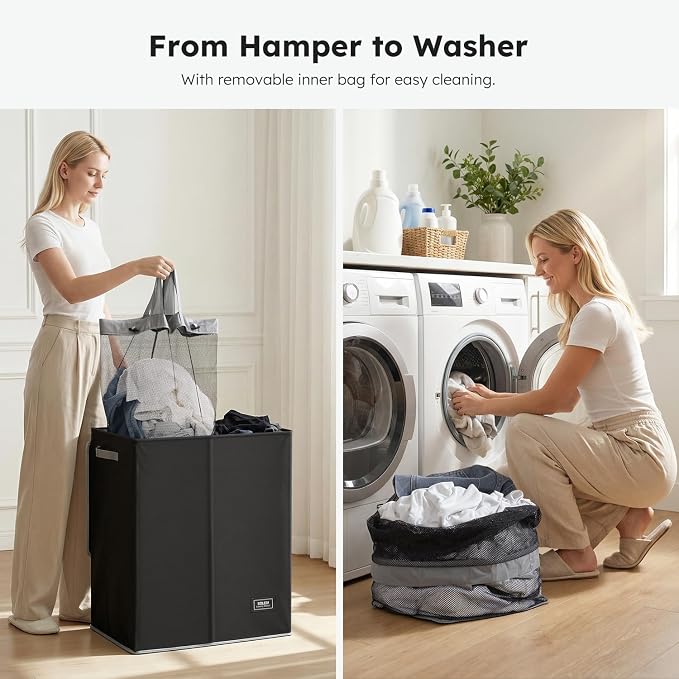 SOLEDI Double Laundry Hamper with Lid and Removable Laundry Bags,Divided Laundry Bin - Large Clothes Hamper 2 Section - Collapsible Laundry Baskets for Bedroom, Bathroom, Laundry Room,Black