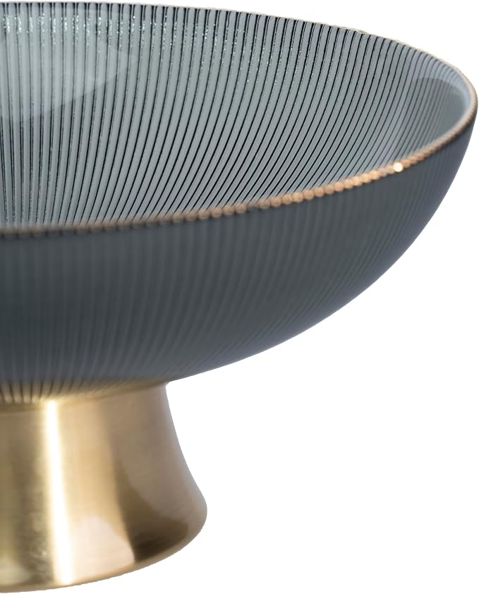 Round Glass Decorative Bowl(Gray), 9.8 Inches Handblown Striped Glass Bowl with Gold Trim and Rust Resistant Metal Base,Decor Fruit Bowl for Home Decor,Table Centerpiece,Kitchen Island, Dining Decor