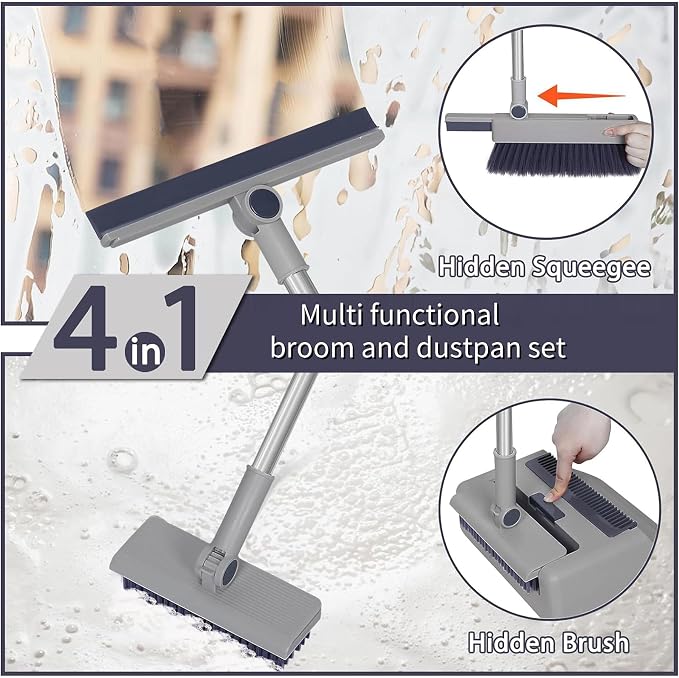 4 in 1 Multifunctional Broom and Dustpan Combo Set with 44" Long Handle, Squeegee and Cleaning Brush,for Clean Home Kitchen Bathroom Office,Indoor Outdoor,Pet Hair,Bathtub and Glass(Grey)