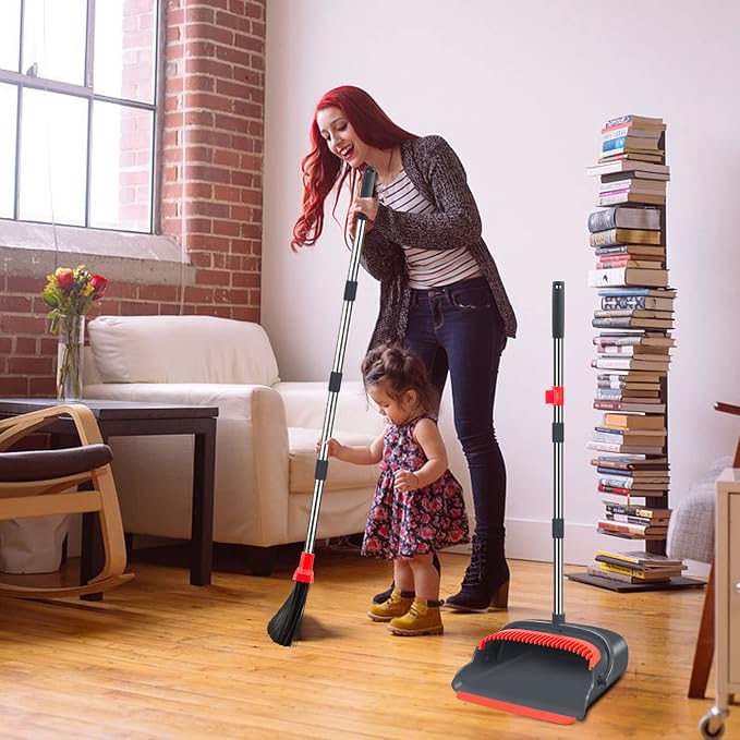 Upgrade Broom and Dustpan Set, Broom with Dustpan Combo Set, Large Size and with Long Handle, Upright,Ideal for Indoor Outdoor Garage Kitchen Room Office Lobby Use (Black&Red)