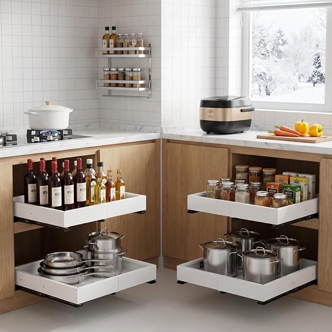 DOMNIU 2 Pack Pull Out Cabinet Organizers Expandable Width(12"-19") and Depth(17"-23"), Metal Slide Out Drawers, Upgrade 3 Slide Rails Sliding Drawer for Kitchen Cabinet Organizer, White