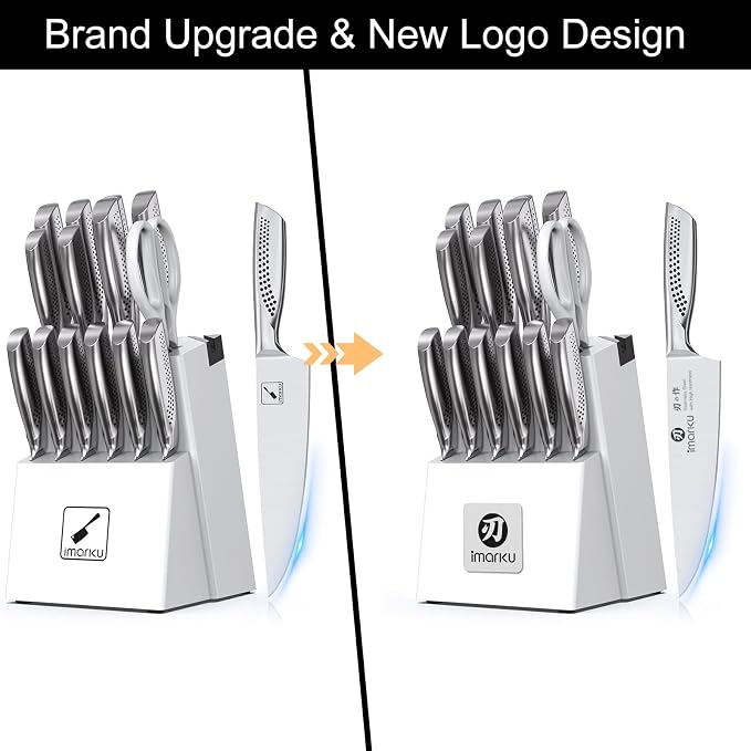imarku® Knife Set, Japanese HC Stainless Steel 15 PCS Kitchen Knife Set With Block With Built-in Sharpener, Razor-Sharp Blade Knife Block Set With Dotted Ergomomic Handle, Best Birthday Gifts, White