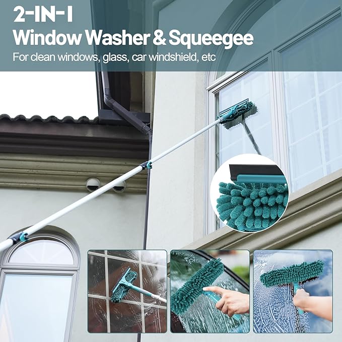 TelesPro 30 Foot High Reach Duster Kit with 6-24FT Extension Pole High Ceiling Dusting and Window Cleaning Kit with Telescopic Pole Window Washer&Squeegee,Cobweb Duster,Fan Duster and Feather Duster