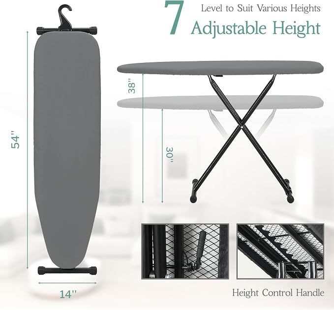 BlissBoard Full Size Ironing Board 54x14 Modern Gray | Heavy Duty Iron Table with Extra Thick Padded Cotton Cover, 7 Heights Adjustable, Heat-Resistant Iron Rest & Hanging Hook