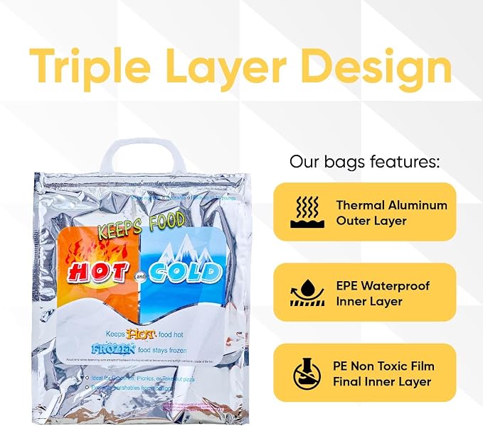 Superio Hot and Cold Insulated Bags for Food Delivery, Grocery Shopping Bags, Food Storage for Hot and Frozen Food for Travel, Disposable Cooler Bag, Reinforced Thermal Lunch Bag (5, 13.5"x17.5")