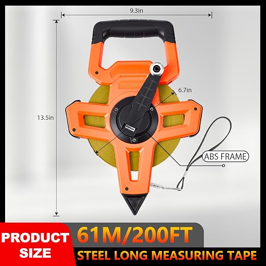 200ft/61m Open Reel Long Steel Tape Measure, 1/2" Nylon-Coated Steel Blade, Dual Inch/Metric Scales, ABS Impact-Resistant Case for Construction, Surveying, Orange