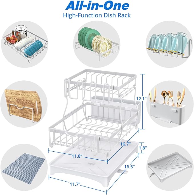 Godboat 2-Tier Dish Drying Rack - Dish Rack with Auto Drain-to-Sink & Mat | Dish Racks for Kitchen Counter, Dish Drainer with Knife Fork & Cup Rack, Gifts for Women, Mothers Day, Kitchen Gadgets, White