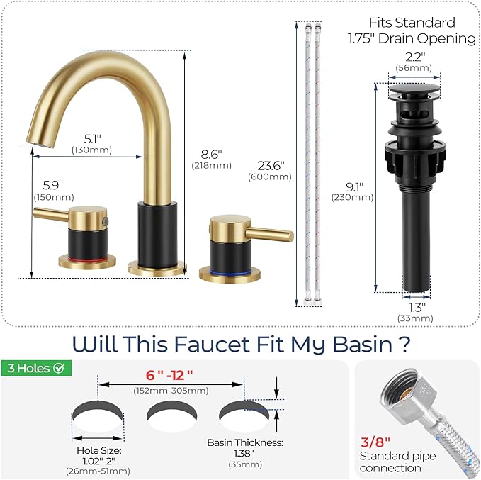 Bathroom Faucet 3 Hole, Brushed Gold and Black Bathroom Sink Faucet with Pop Up Drain, 8 inch Widespread Bathroom Faucet with 360° Swivel Spout, 2 Handle Vanity Faucet with Water Supply Hoses