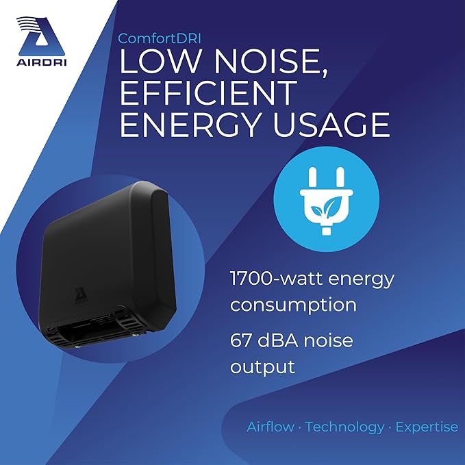 ComfortDRI Automatic Warm Air Hand Dryer - 1.7kW Low Noise Motor - 15-Second Dry Time - 67dBA Noise Output - ADA Compliant - Ideal for Small Workplaces - Matte Black