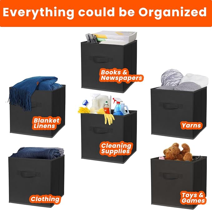 Storage Cubes, 11 Inch Clothes Storage Bins for Shelves Closet (10 Pack), Fabric Collapsible Storage Bins with Dual Handles, Cubby Storage Baskets for Magazines, Dorm Essentials (Black)
