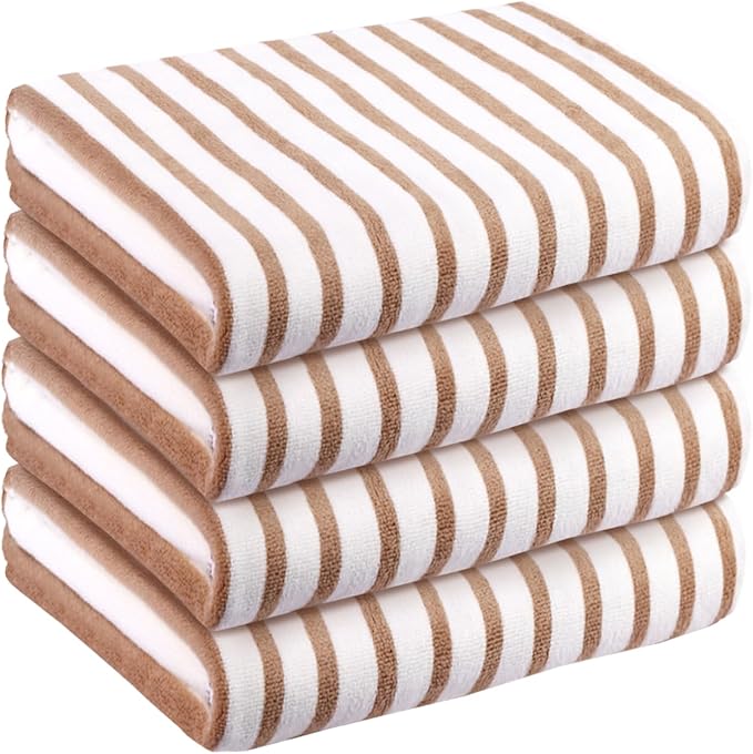 JML Microfiber Bath Towel Sets, 4 Pack, 27" x 55", Cabana Stripe Coffee | Soft, Super Absorbent, Fast Drying Bath Towel Set for Swimming, Pool, Summer Beach Party