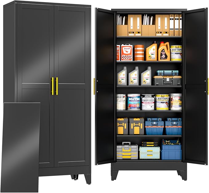 PAOFIN Metal Tall Storage Cabinet with 2 Doors and 5 Adjustable Shelves, 75" Metal Garage Storage Cabinets, File Cabinet,Steel Tool Cabinets for Home,Office,Garage,School,Warehouse (Black)
