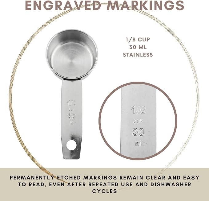 1/8 Cup Stainless Steel Measuring Cup | Sturdy Metal 30 ml | 30 cc | 1 oz | Single Cup for Wet and Dry Ingredients | Great for use as 1/8 Cup Coffee Scoop - 4 PK