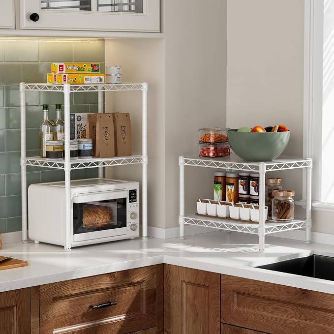 Golpart Small 2 Tier Shelves Storage Wire Shelving Unit Metal Shelf Adjustable Organizers Storage Shelving with Wheels for Bathroom Laundry Room Kitchen Pantry11.7”D x 17.7”W x 12.2”H White