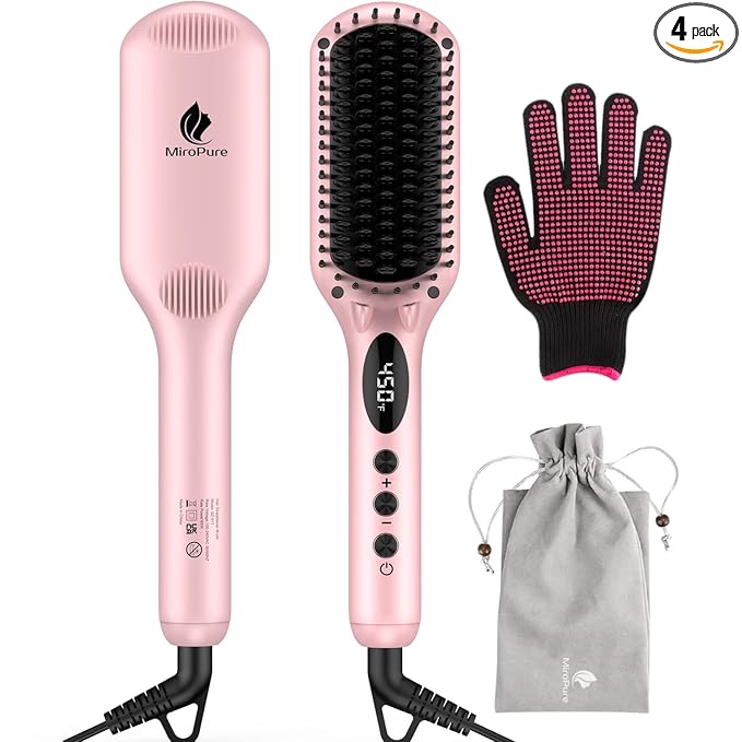 Enhanced Hair Straightener Heat Brush by MiroPure, 2-in-1 Ceramic Ionic Straightening Brush, Hot Comb with Anti-Scald Feature, Auto Temperature Lock & Auto-Off Function (Pink) 4 Piece Set