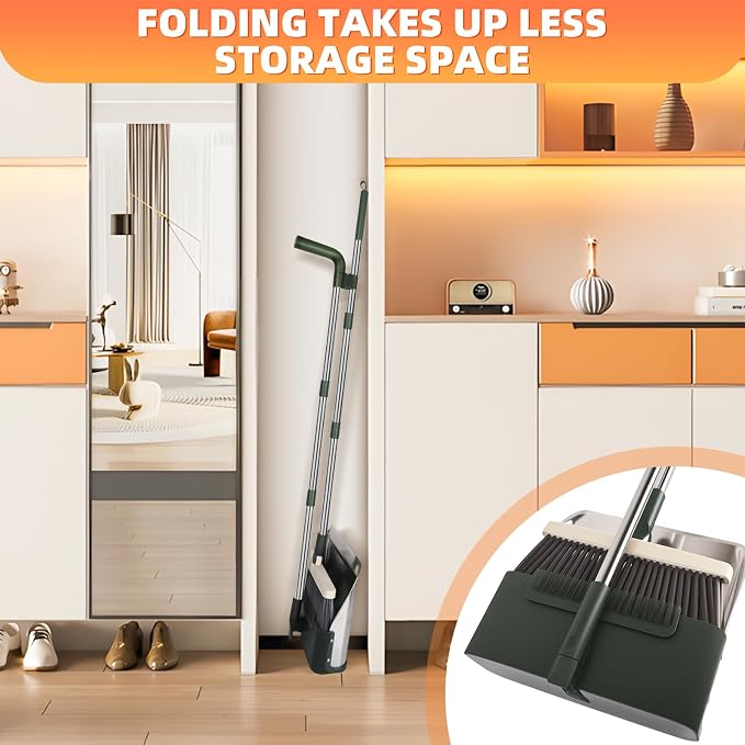 Broom with Dustpan Combo Set, Heavy Duty Standing Metal Dust Pan with Teeth, Indoor Outdoor Up for Home Kitchen Lobby Room Office, Green