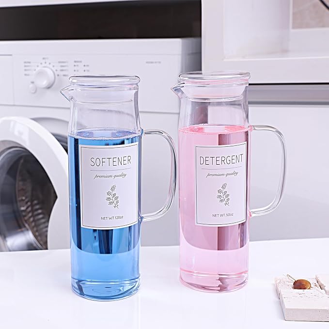 Laundry Detergent Dispenser Set with Labels and Handle for Laundry Room Organization and Storage- Easy Pour 2 Pack 50 oz Liquid Laundry Containers for Laundry Room Decor, Farmhouse Decor