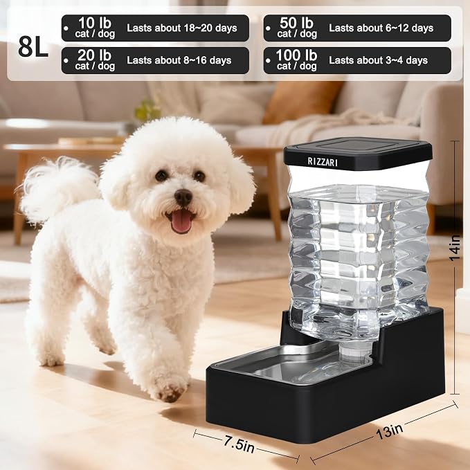 RIZZARI 8L Gravity Dog Water Dispenser:Easy Care No Filter Design | Low Maintenance Design/Gravity Water Flow /Easy Refill/Stainless Steel Drinking Bowl/Indoor Home Use