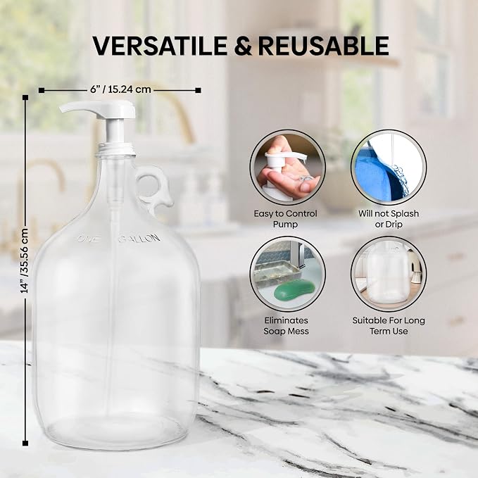 kitchentoolz Gallon Glass Pump Dispenser Bottle, Large Jug Laundry Liquid Detergent Dispenser with Pump for Laundry Room Organization, Soap, Fabric Softener, Commercial Condiment Dispenser- 128 oz