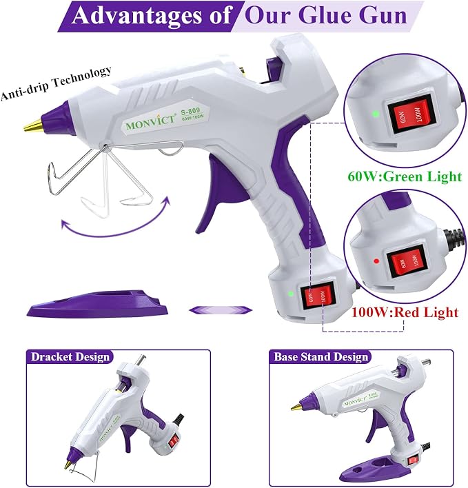 MONVICT Full Size Hot Glue Gun, Dual Temp 60/100W Base Stand | Heavy Duty Kit with 15 Pcs Glue Sticks & 3 Finger Protectors for Sealing Wax, Quick Repairs, DIY, Art & Crafts