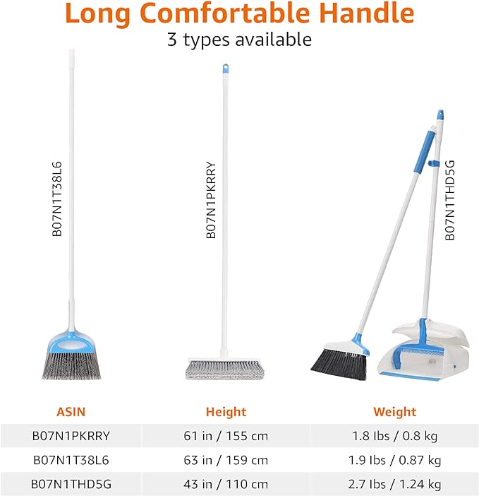 Amazon Basics Dustpan Broom Set with Easy Assembly and Long Handle, Blue and White (Pack of 8)
