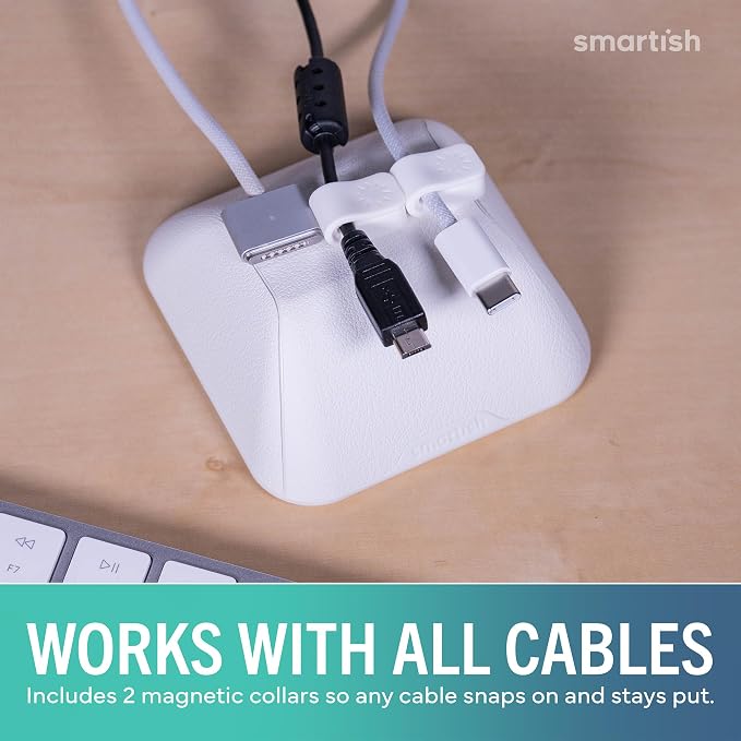 Smartish® Magnetic Cord Holder - Cable Wrangler Organizer with Magnet Clips for Charger Management on Desktop, Nightstand for USB-C + Lightning - Snow Day White