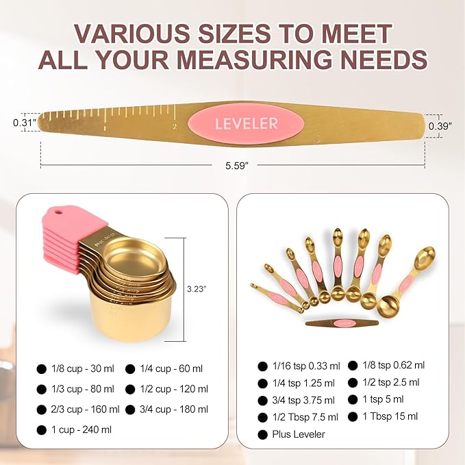 16-Piece Stainless Steel Measuring Cups and Spoons Set, Strong Magnetic Nesting Design 7 Cups 8 Spoons with Leveler, Double Measurement Markings for Dry & Liquid Ingredients, Pink & Gold