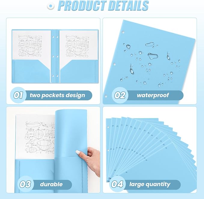 Yeaqee 50 Pcs Plastic Folders with Pockets Bulk 3 Hole Punched 2 Pocket File Folders for 3 Ring Binder Divider Folder for Notebooks, Durable Poly for Office Home (Light Blue)